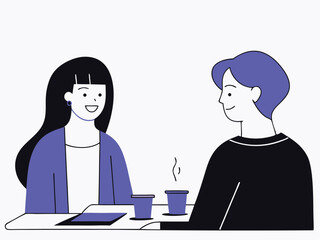 Two people talking over coffee in a modern flat illustration with transparent background