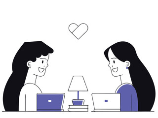 Two smiling women working on laptops with a heart symbol and table lamp
