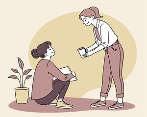 Two women with coffee and plant in illustration style depicting collaboration