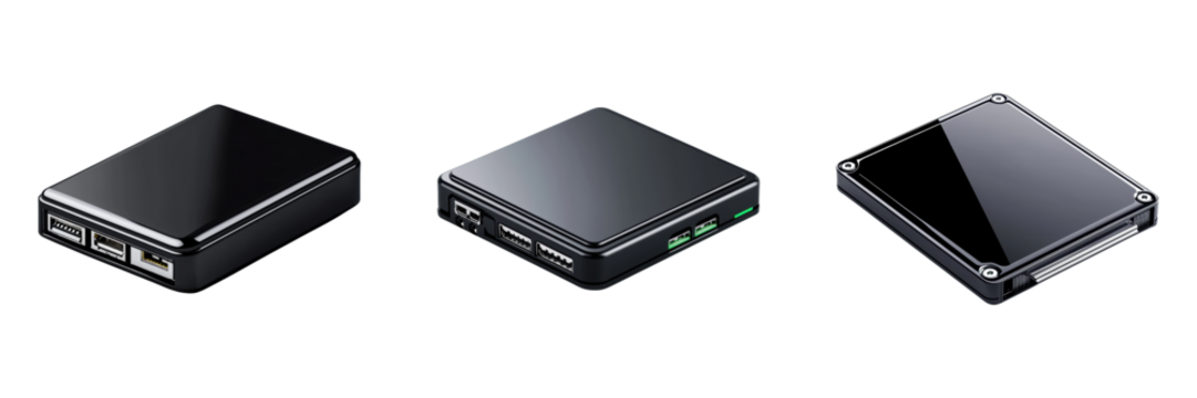 Sleek black tech gadgets with USB ports and modern design