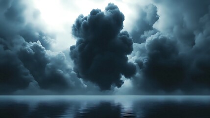 Dark cumulonimbus clouds loom over tranquil waters, creating a serene yet dramatic scene