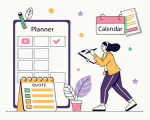 Woman planning and scheduling tasks using planner, calendar, and quote board