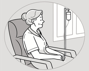 Woman receiving medical treatment with iv drip in hospital room illustration