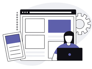 Woman working on a laptop website design with tablet vector illustration