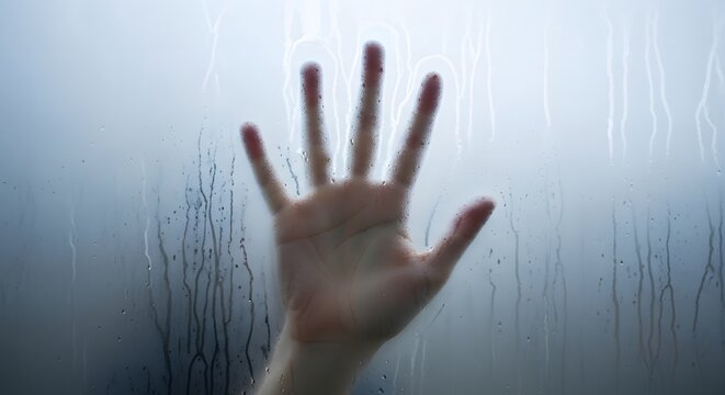 A hand presses against a steamy or frosted glass surface, creating blurred lines and a sense of separation. - Powered by Adobe