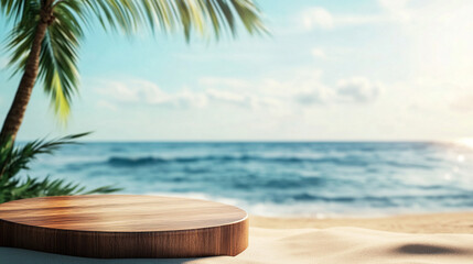 Wooden podium on beach with palm tree for summer product display background and ocean view mockup scene