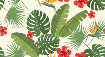 Vibrant Tropical Pattern with Hibiscus Monstera Palm and Bird of Paradise.