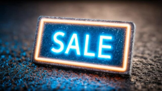 Illuminated Sale Sign with Glowing Blue Letters and Warm Orange Border on a Dark Textured Surface for Retail Promotion