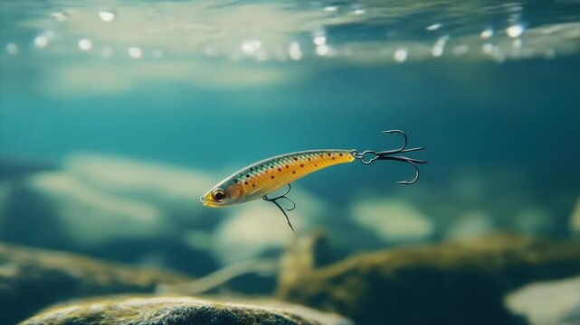 Underwater fishing lure, a trout imitation, floats in a body of water