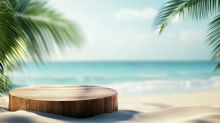 Wooden podium on beach background for summer product showcase display advertisement presentation mock up 3d
