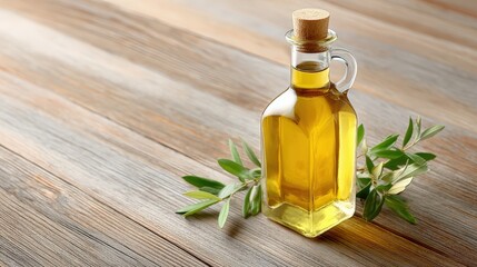 Farm to bottle olive oil visual, A glass bottle filled with golden olive oil sits on a wooden surface accompanied by fresh olive branches with green leaves.