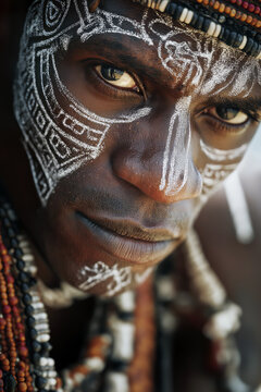 Close-up of African man with traditional face paint and necklace, powerful expression, blurred village background, East Africa.