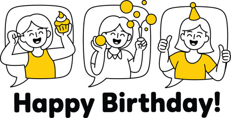 Birthday Celebration Illustration with Speech Bubbles and Happy People