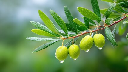 Fototapeta premium Farm to bottle olive oil visual, Close-up of green olives with water droplets hanging from a branch with green leaves in a natural outdoor setting.