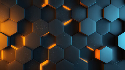Black blue and orange hexagonal pattern background, 3D geometric design, 3d illustration.