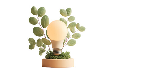 Soft Glowing Light Bulb with Green Leaves and minimalist Base on Transparent Background

