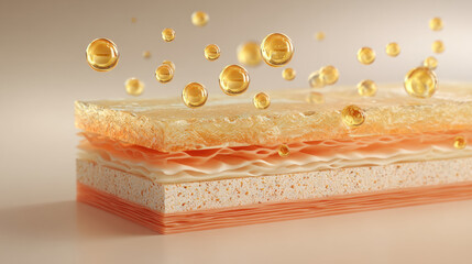3d illustration of skin layers, layered structure showing epidermis, dermis, and hypodermis, small golden oil serum bubbles falling from the layers, skincare benefits, clinical medical illustration.