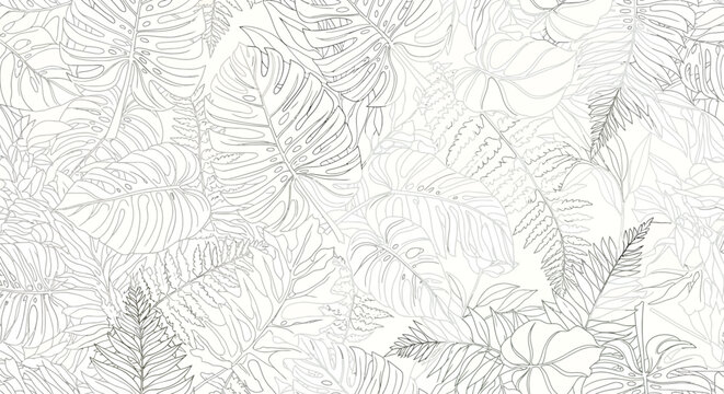 Delicate line art of tropical foliage featuring monstera leaves and fern fronds.