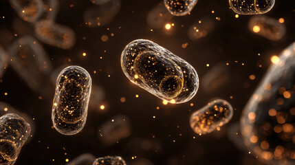 Minimalist cells, capsule-shaped and circular, mitochondria, gold dust blending into the cells and dissipating. a dark brown background with a gradient to represent the flow of energy. 3d illustration