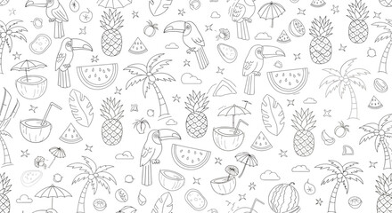 Tropical Outlined Pattern with Toucans Pineapples Coconuts Palm Trees and Watermelons.