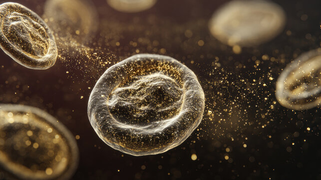 Minimalist cells, capsule-shaped and circular, mitochondria, gold dust blending into the cells and dissipating. a dark brown background with a gradient to represent the flow of energy. 3d illustration