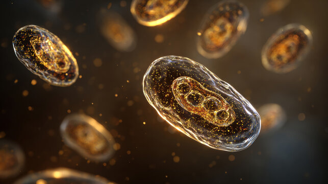 Minimalist cells, capsule-shaped and circular, mitochondria, gold dust blending into the cells and dissipating. a dark brown background with a gradient to represent the flow of energy. 3d illustration