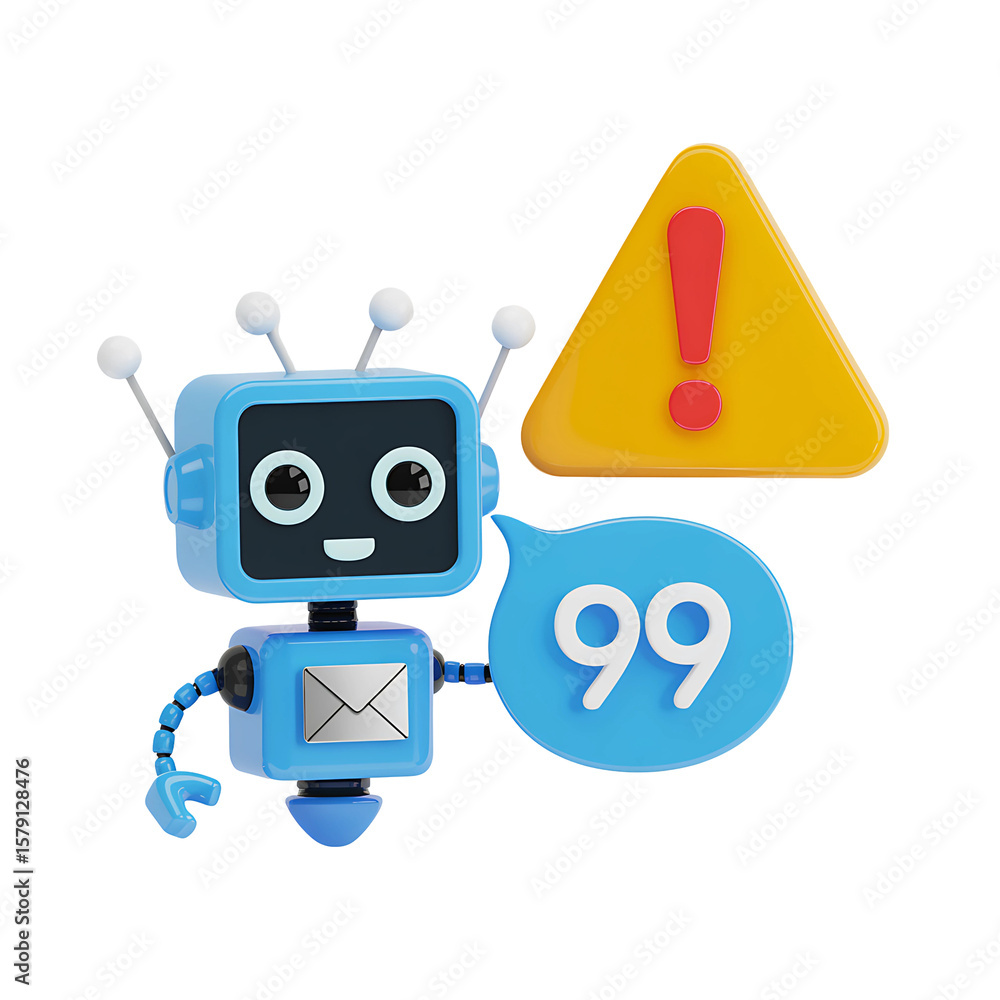 Poster alert notification presented by a friendly blue robot assistant with a transparent background and ch