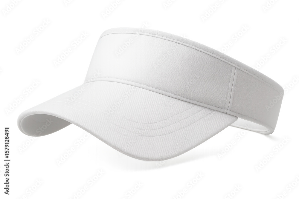 Poster white sun visor resting flat, displaying blank canvas for custom printing, positioned against transp