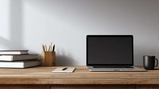Laptop books pencils and coffee cup on wooden desk Minimal workspace Office - Powered by Adobe
