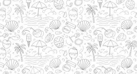 Summer themed seamless pattern with beach palm trees and treats in line art.