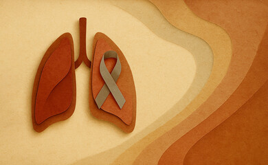 Layered paper-cut illustration with a lung cancer awareness ribbon set against soft pastel colors, Lung Cancer Day Background with elegant ribbon.