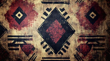 Distressed canvas shows vintage tribal patterns with aged texture creating a rustic backdrop