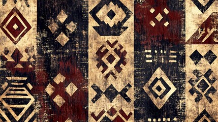 Distressed ethnic motifs are vertically arranged against a backdrop of black, white, and brown colors