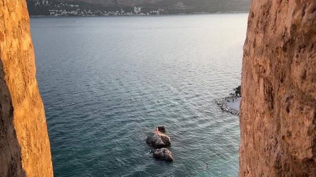 Panoramic Sea view from Kanli Kula Fortress in Herceg Novi. Adriatic sea waves top view