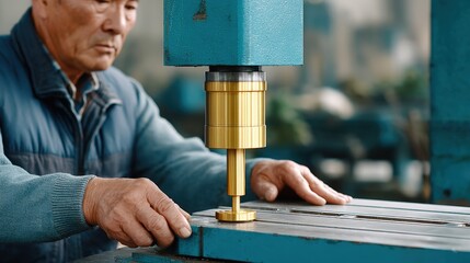 Farm to bottle olive oil visual, An elderly man operates a precision drilling machine on a metal piece in a workshop, focusing intently on his detailed work.