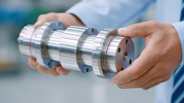 Farm to bottle olive oil visual, A person in a lab coat holding a shiny, metallic precision mechanical component with multiple flanges and fastening holes.
