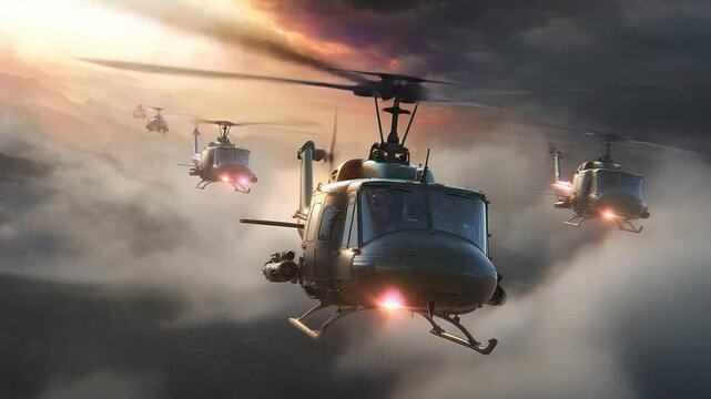 Hueys in Formation: Military Helicopter Squadron Soaring Through Dramatic Sunset Skies
