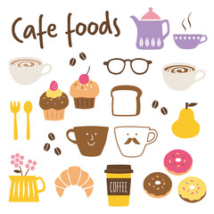 カフェフードのイラストアイコン cafe/food/スイーツ/ドリンク/メニュー/食器/コーヒー/紅茶