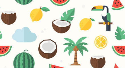 Flat Design Tropical Pattern with Toucan Watermelon Coconut Lemon Palm Tree and Cloud.