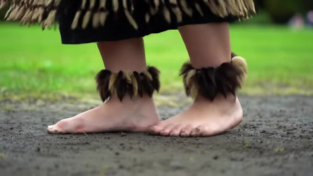 Maori cultural dance performance featuring traditional leg ornaments and barefoot movement in