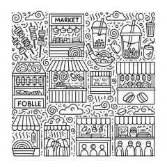 Fototapeta premium street food market scene with stalls and people