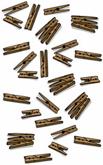Wooden clothespins scattered on a white background. Fabric pattern