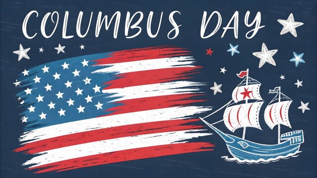 Columbus Day Celebration: A Patriotically Themed Artwork Featuring a Ship and American Flag