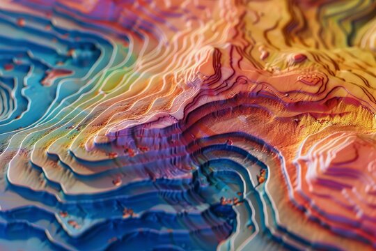 Vibrant color gradients depict a stylized topographic map, highlighting elevation and terrain features
