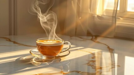 A steaming cup of coffee bathed in soft sunlight on a marble table, evoking warmth and relaxation.