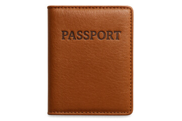 Leather passport resting on clear background, representing global journey and mobility