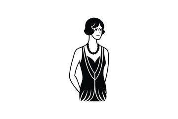 Elegant Flapper Girl in Black Dress with Pearl Necklace Vintage Fashion Illustration Art Deco Style Isolated on White Background Silhouette black and white silhouette