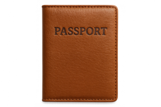 Leather passport resting on clear background, representing global journey and mobility