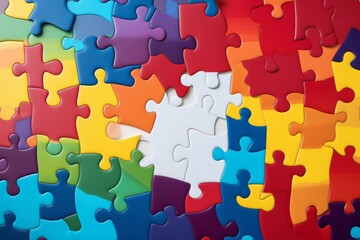 Colorful puzzle with gradient colors creating a rainbow effect, some pieces removed revealing white background