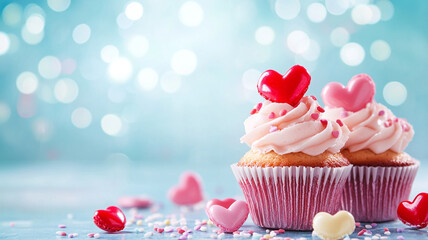 Sweet cupcakes with candy hearts and sprinkles on a bokeh background. Perfect for Valentine's, birthdays, or celebrations.
